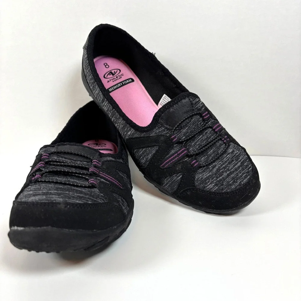 Athletic Works Slip-On Walking Shoes Memory Foam Black Women Size 8 Good